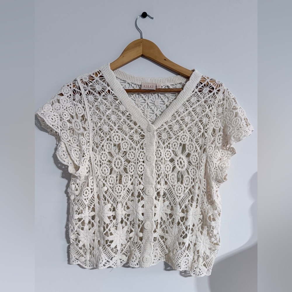GLG Women L Ivory Crochet Lace Cardigan Boho Summer Beach Wedding